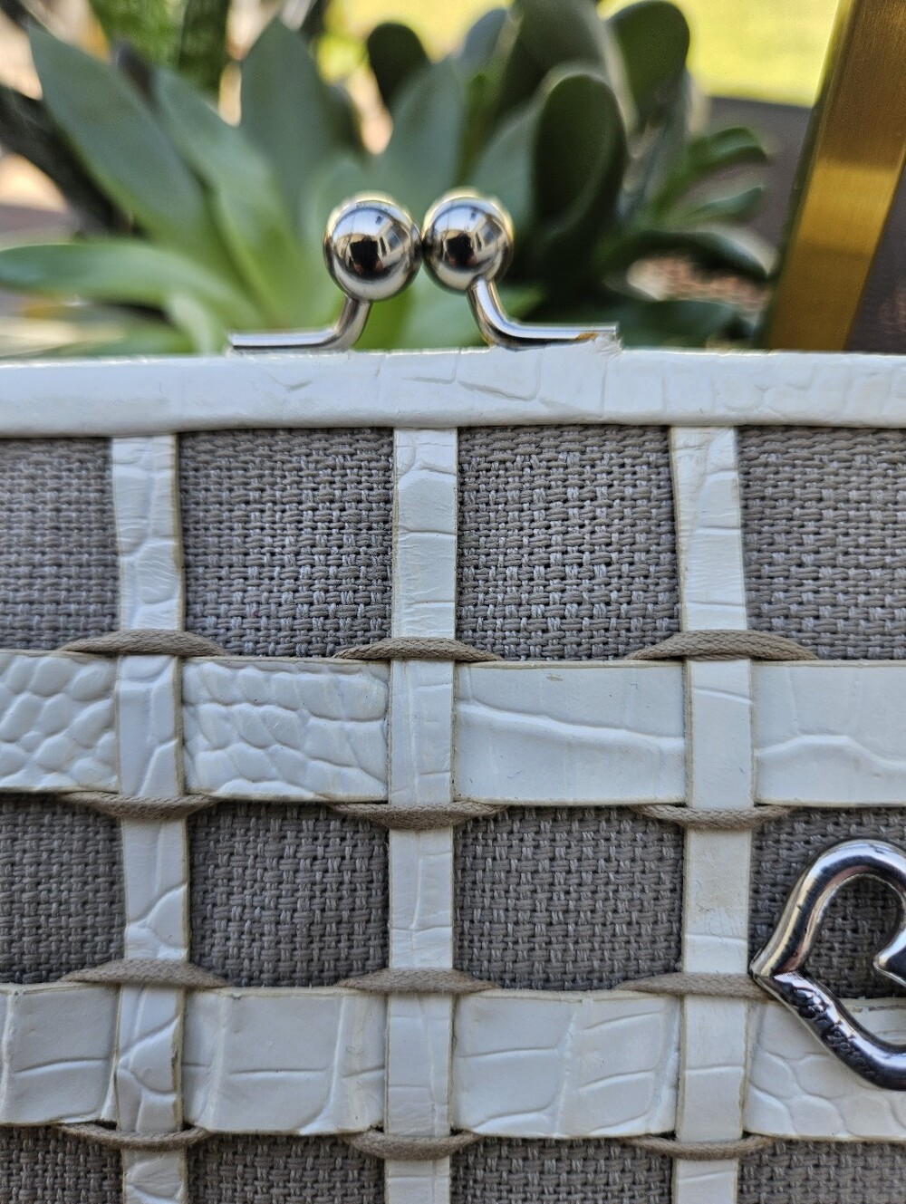 Brighton Woven Leather & Linen Kiss Lock Satchel  Mini Bag Cream /White Vintage - Picture 2 of 13